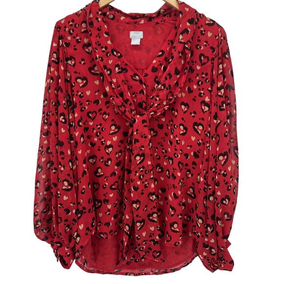 Chico's Blouse Womens Medium Red Heart Leopard Print Button Up Shirt Tie Front - Picture 1 of 10